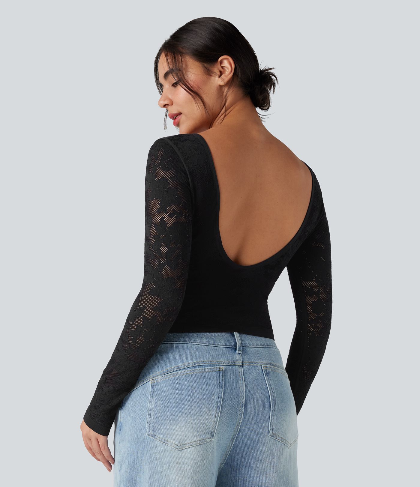 Haut de sport décontracté en jacquard sans couture, col en U, dos nu et manches longues