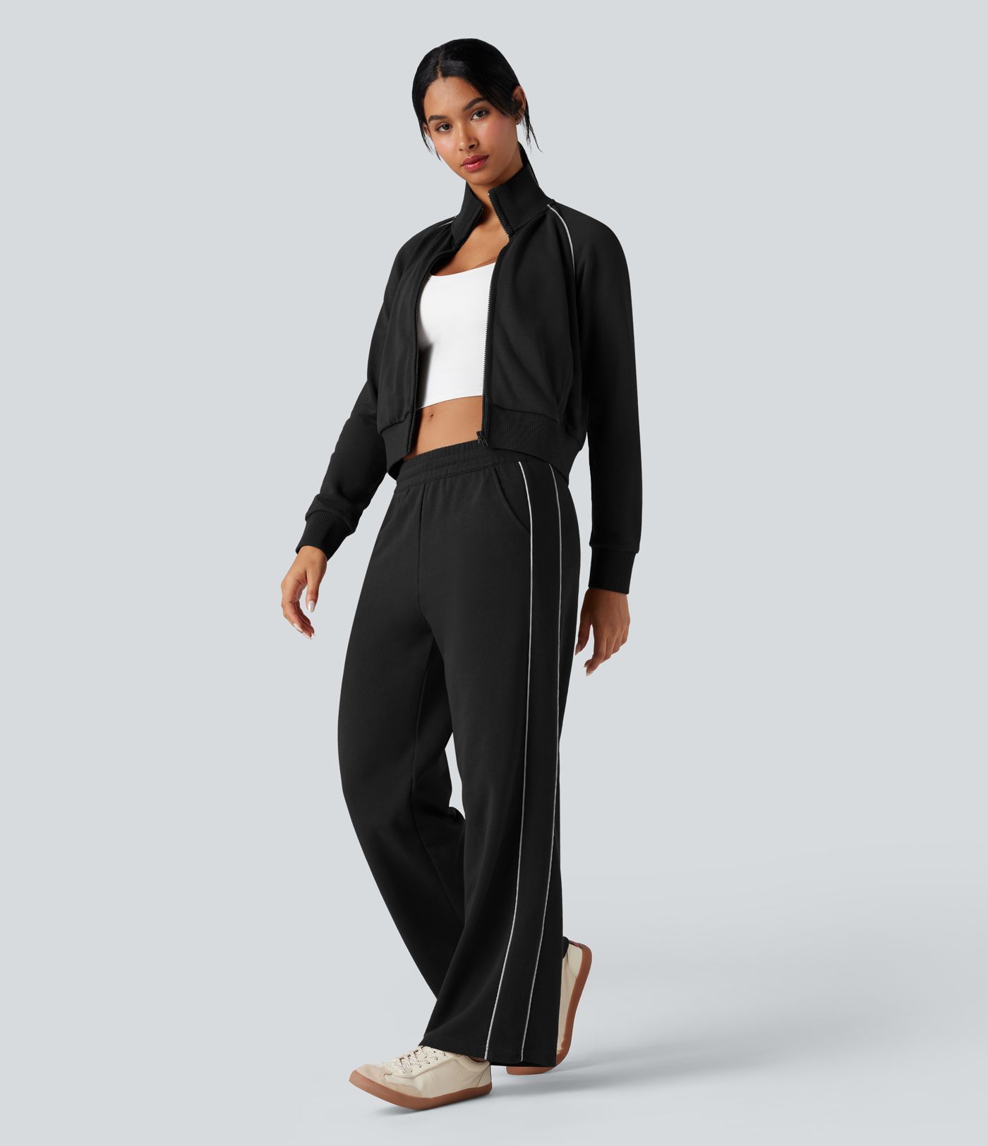 Sweat-shirt coton color block col montant manches longues avec poches