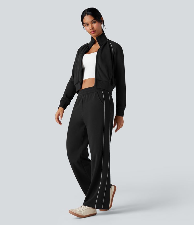 Sweat-shirt coton color block col montant manches longues avec poches