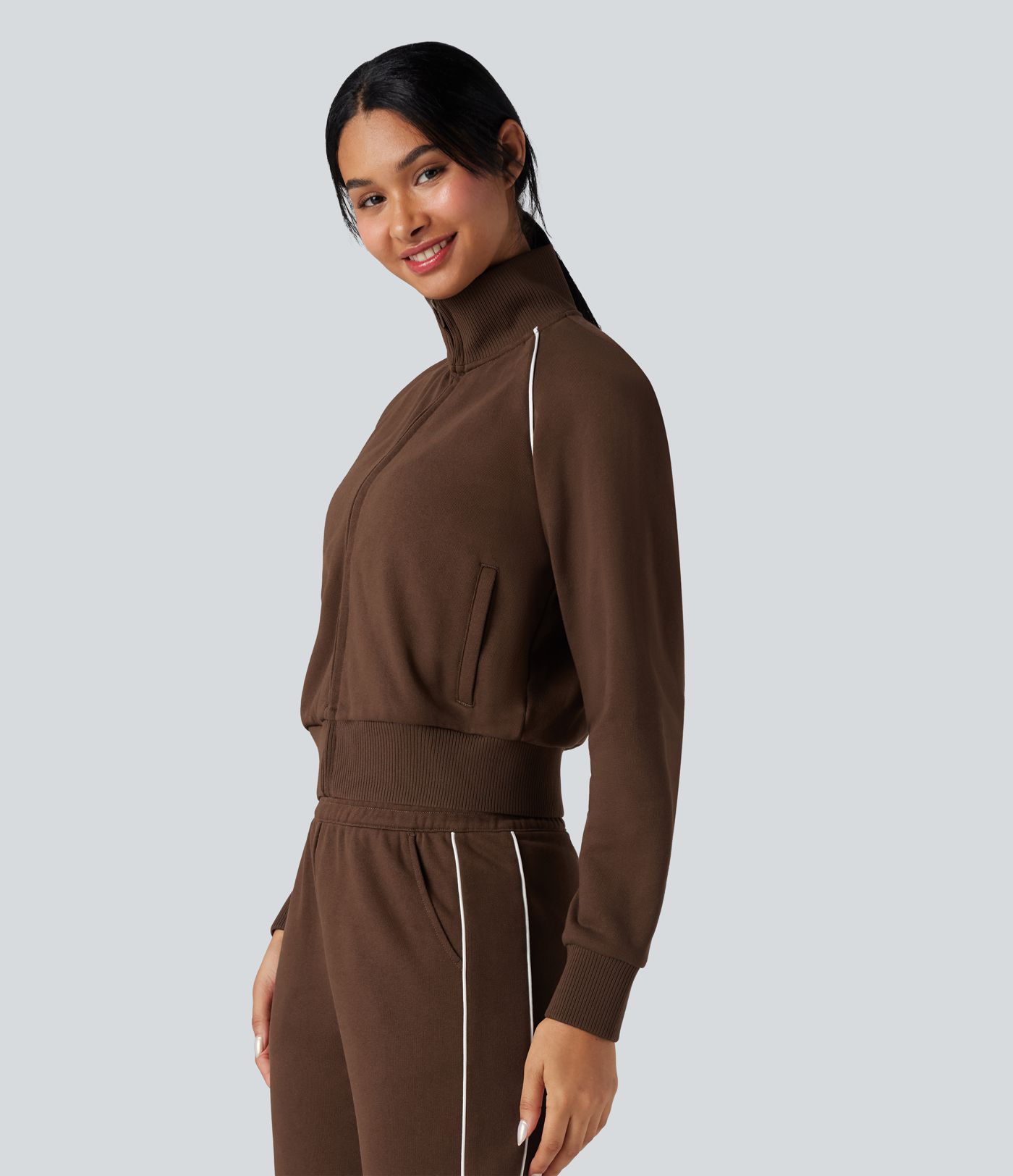 Sweat-shirt coton color block col montant manches longues avec poches