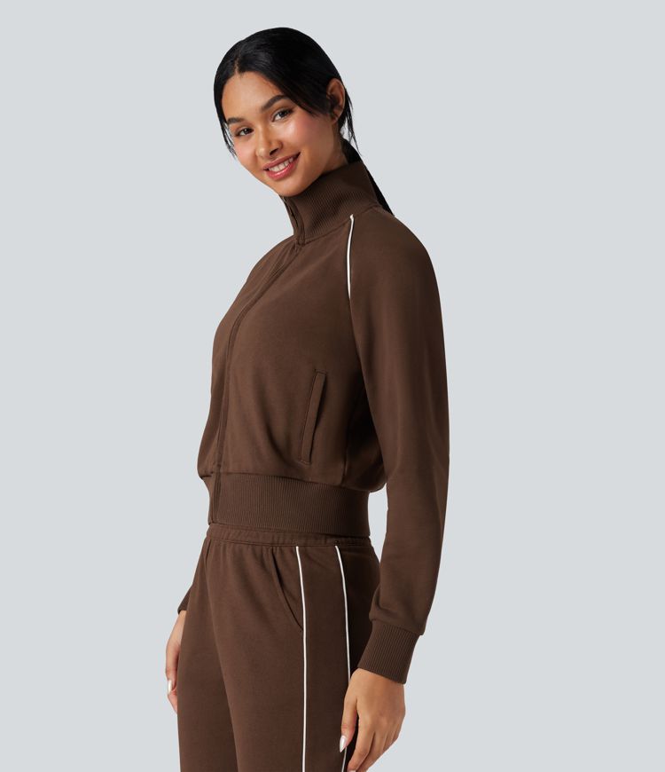 Sweat-shirt coton color block col montant manches longues avec poches