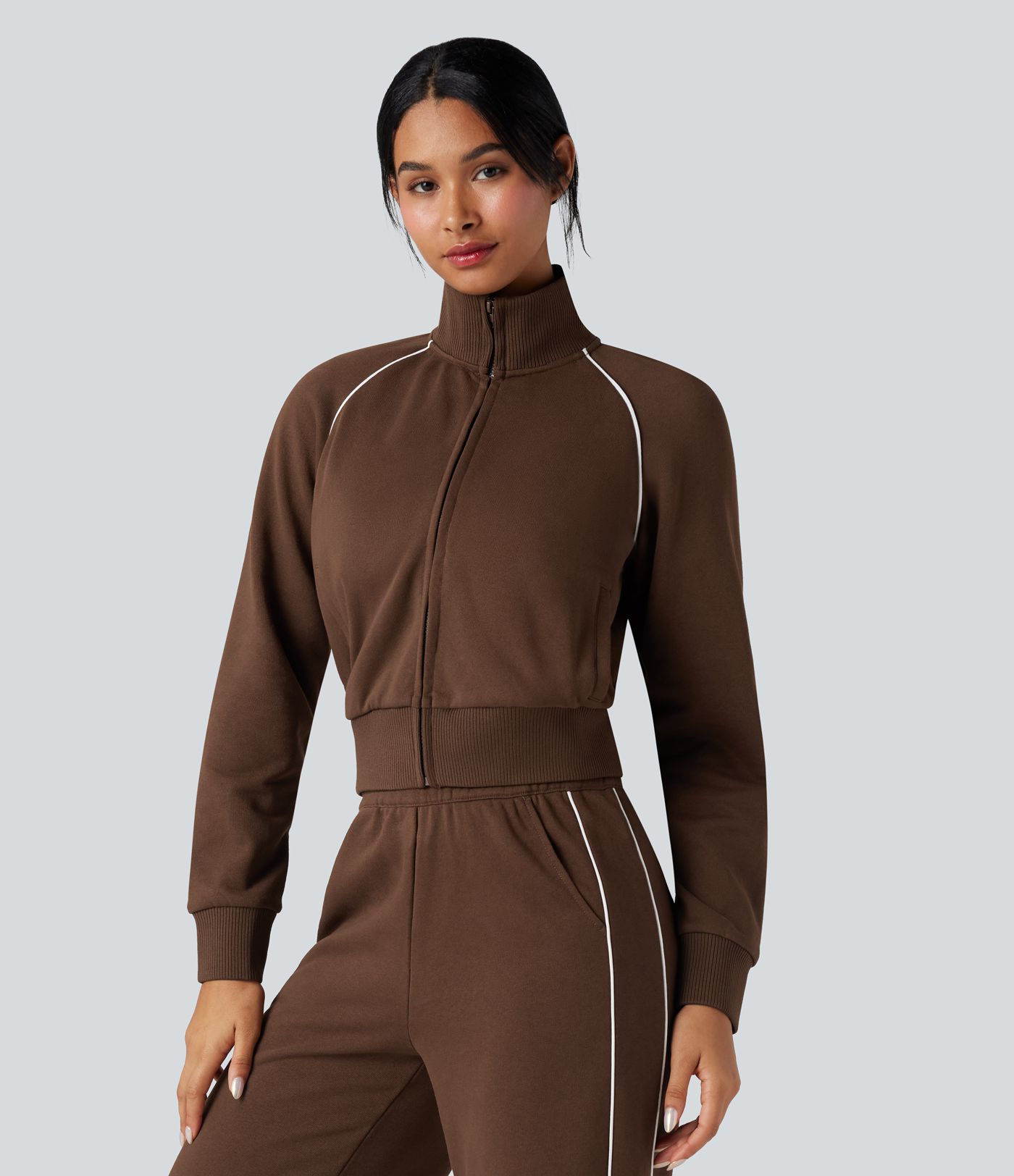 Sweat-shirt coton color block col montant manches longues avec poches