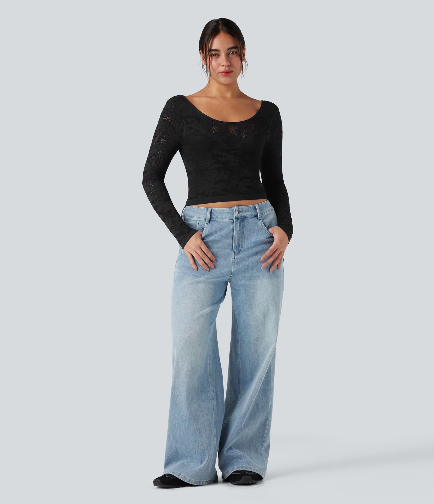 Haut de sport décontracté en jacquard sans couture, col en U, dos nu et manches longues