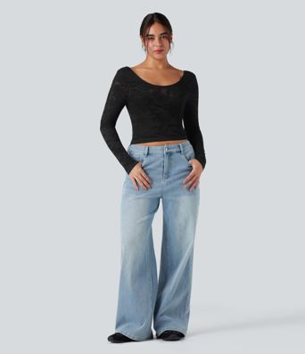 Haut de sport décontracté en jacquard sans couture, col en U, dos nu et manches longues