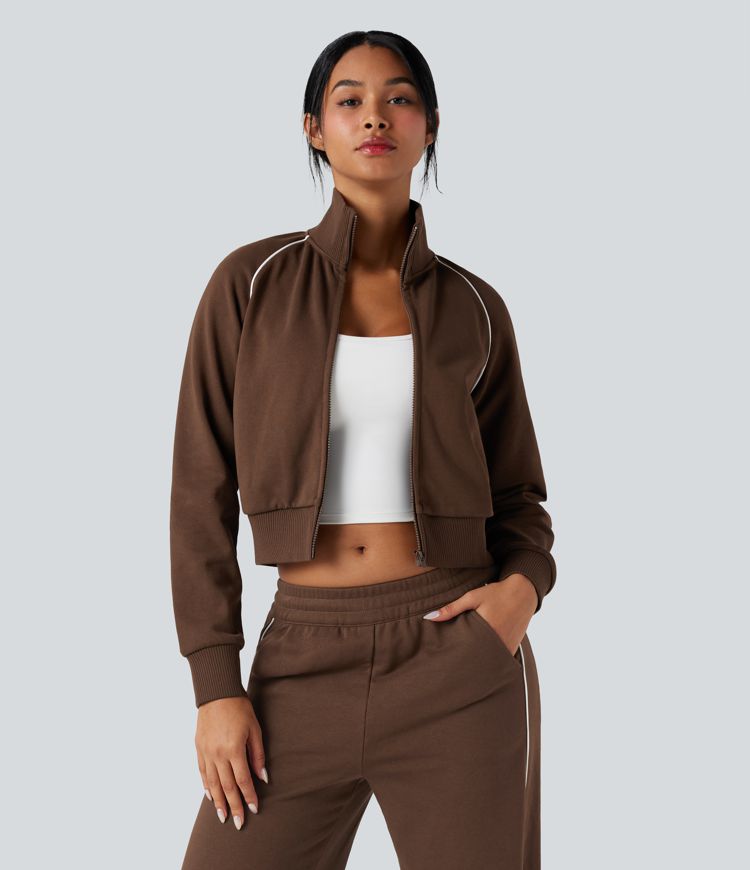 Sweat-shirt coton color block col montant manches longues avec poches