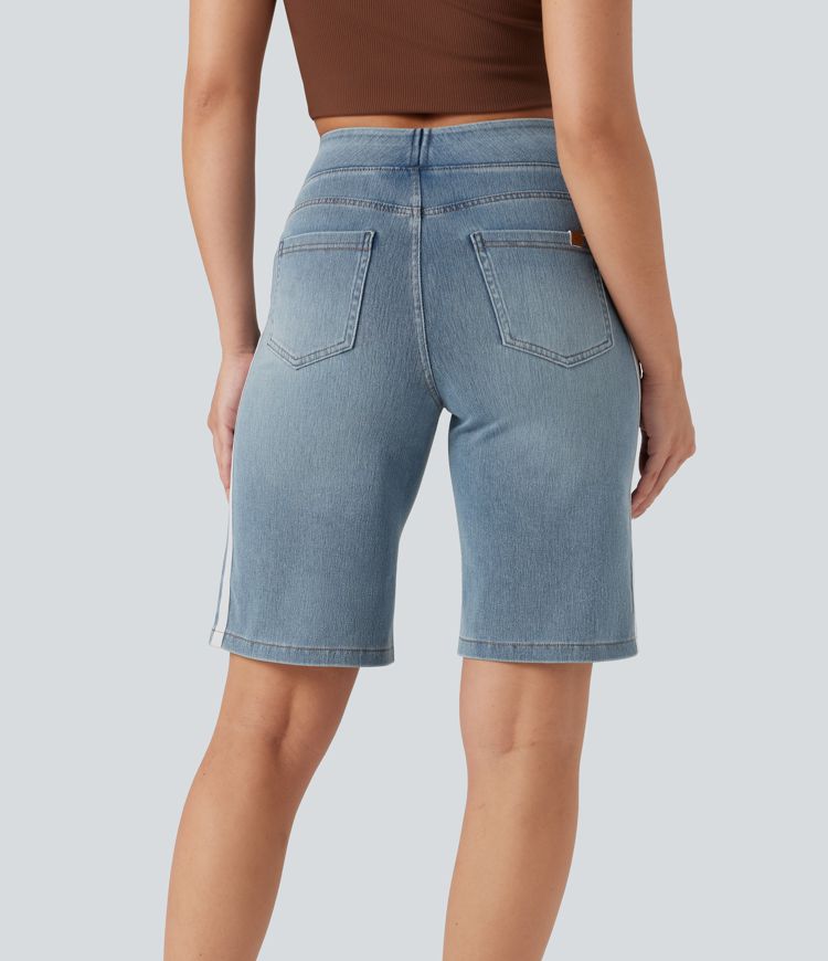 Halara Flex™ High Waisted Stripe Washed Denim Casual Baggy Shorts with Pockets