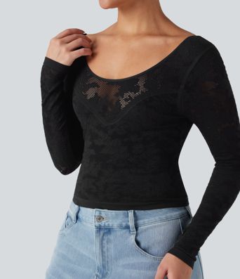 Haut de sport décontracté en jacquard sans couture, col en U, dos nu et manches longues