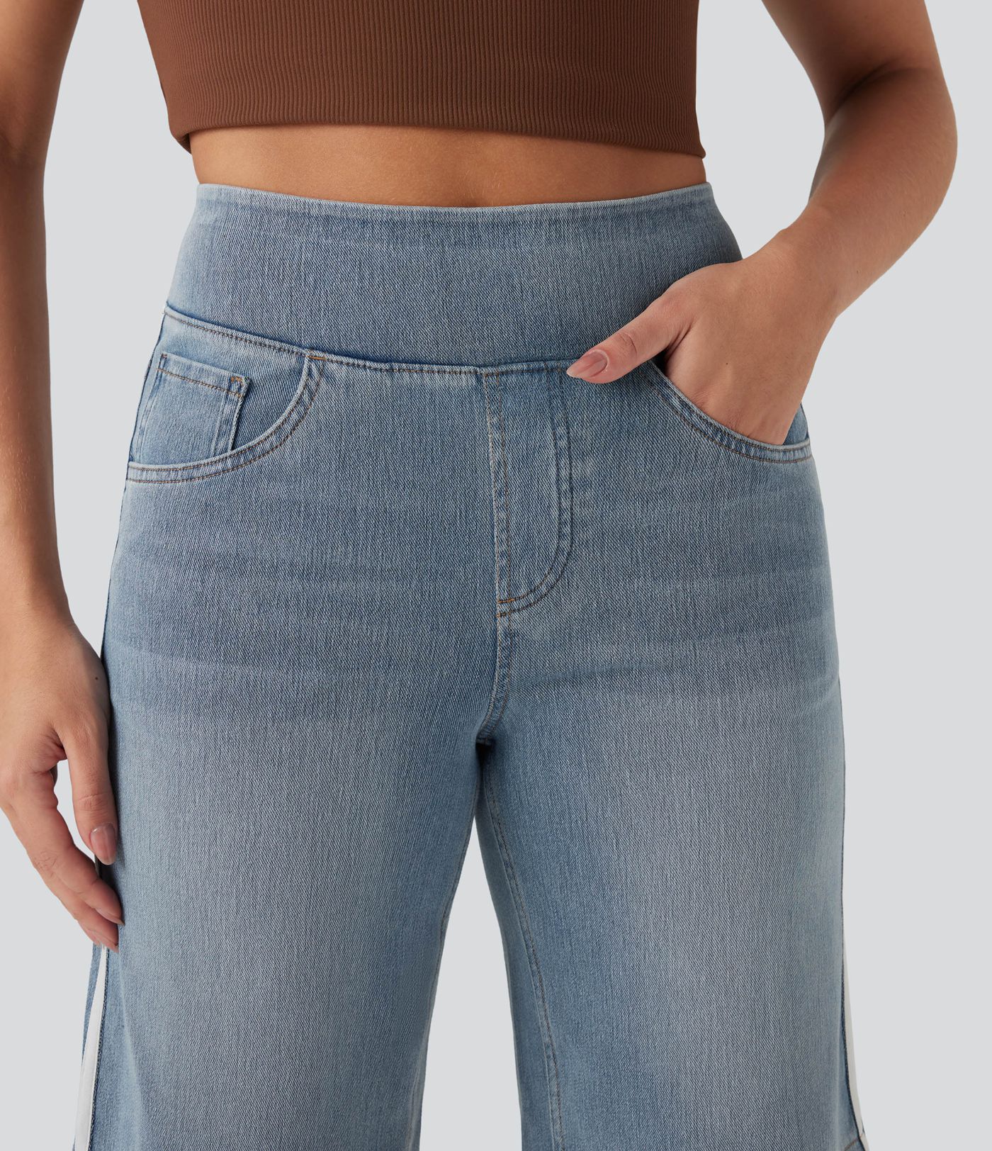 Halara Flex™ High Waisted Stripe Washed Denim Casual Baggy Shorts with Pockets