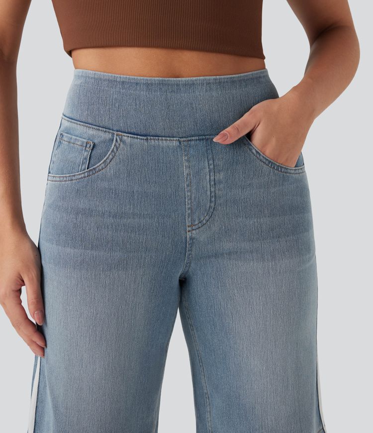 Halara Flex™ High Waisted Stripe Washed Denim Casual Baggy Shorts with Pockets