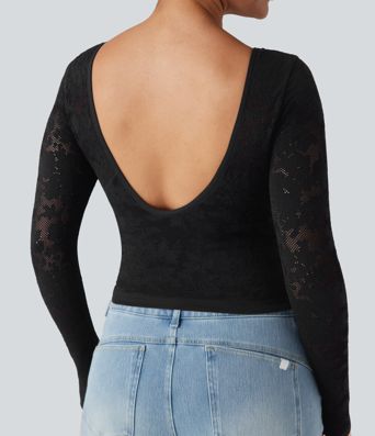 Haut de sport décontracté en jacquard sans couture, col en U, dos nu et manches longues