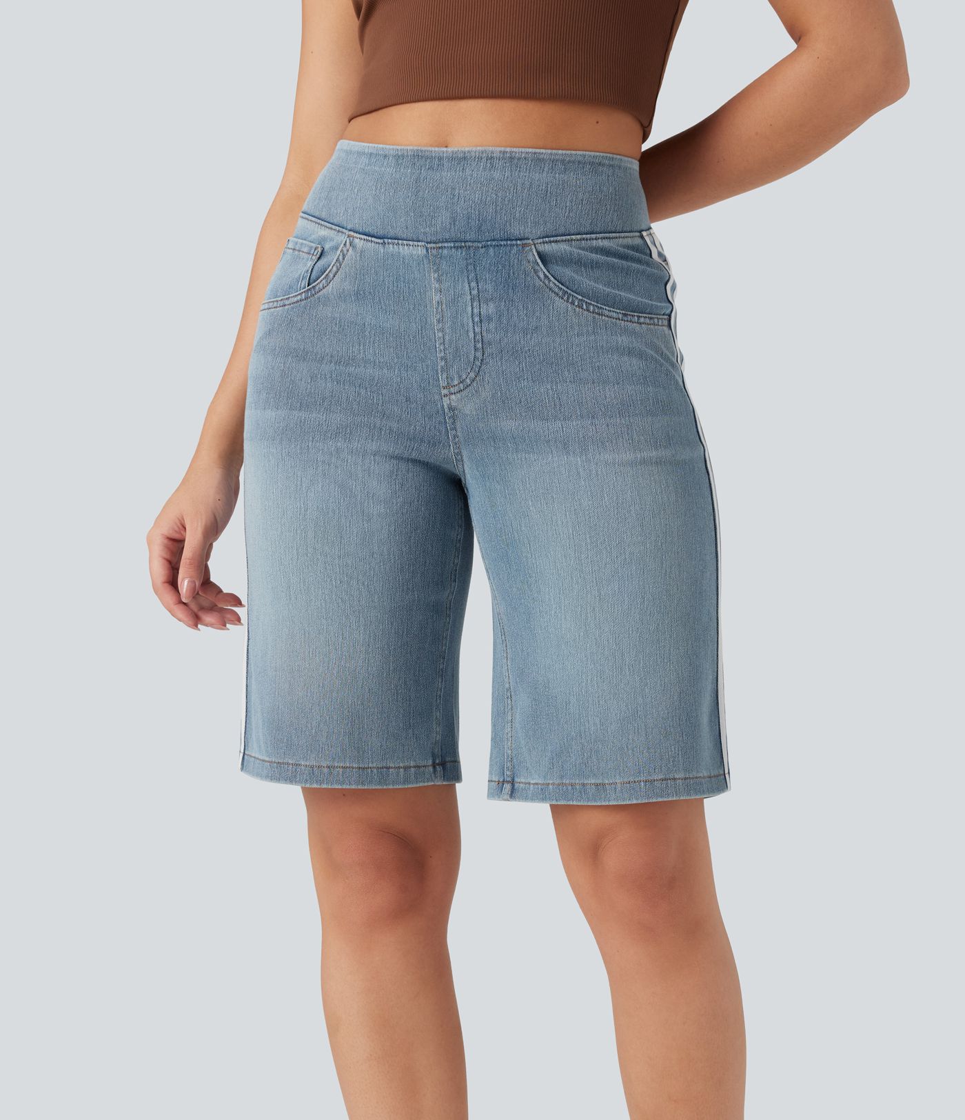 Halara Flex™ High Waisted Stripe Washed Denim Casual Baggy Shorts with Pockets