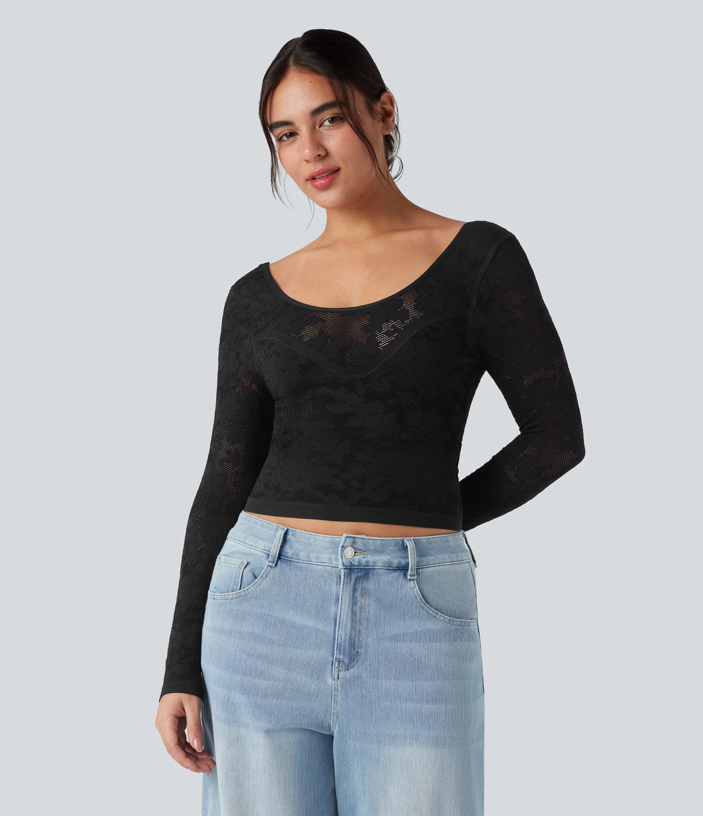 Haut de sport décontracté en jacquard sans couture, col en U, dos nu et manches longues