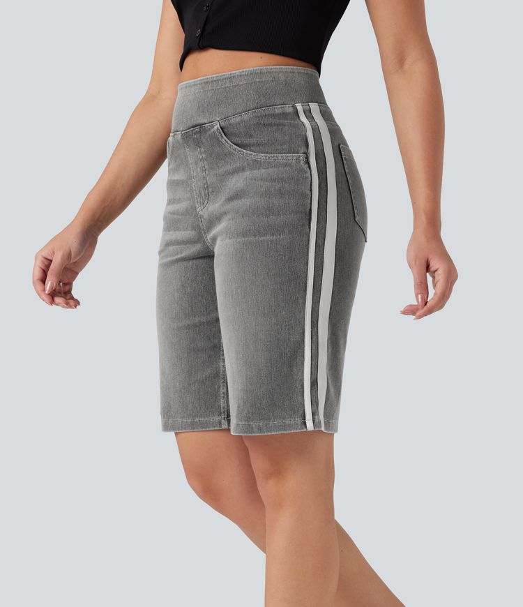 Halara Flex™ High Waisted Stripe Washed Denim Casual Baggy Shorts with Pockets