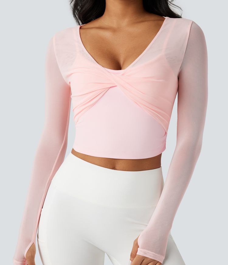 Scoop Neck Long Sleeve Thumb Holes Contrast Mesh Yoga Sports Top