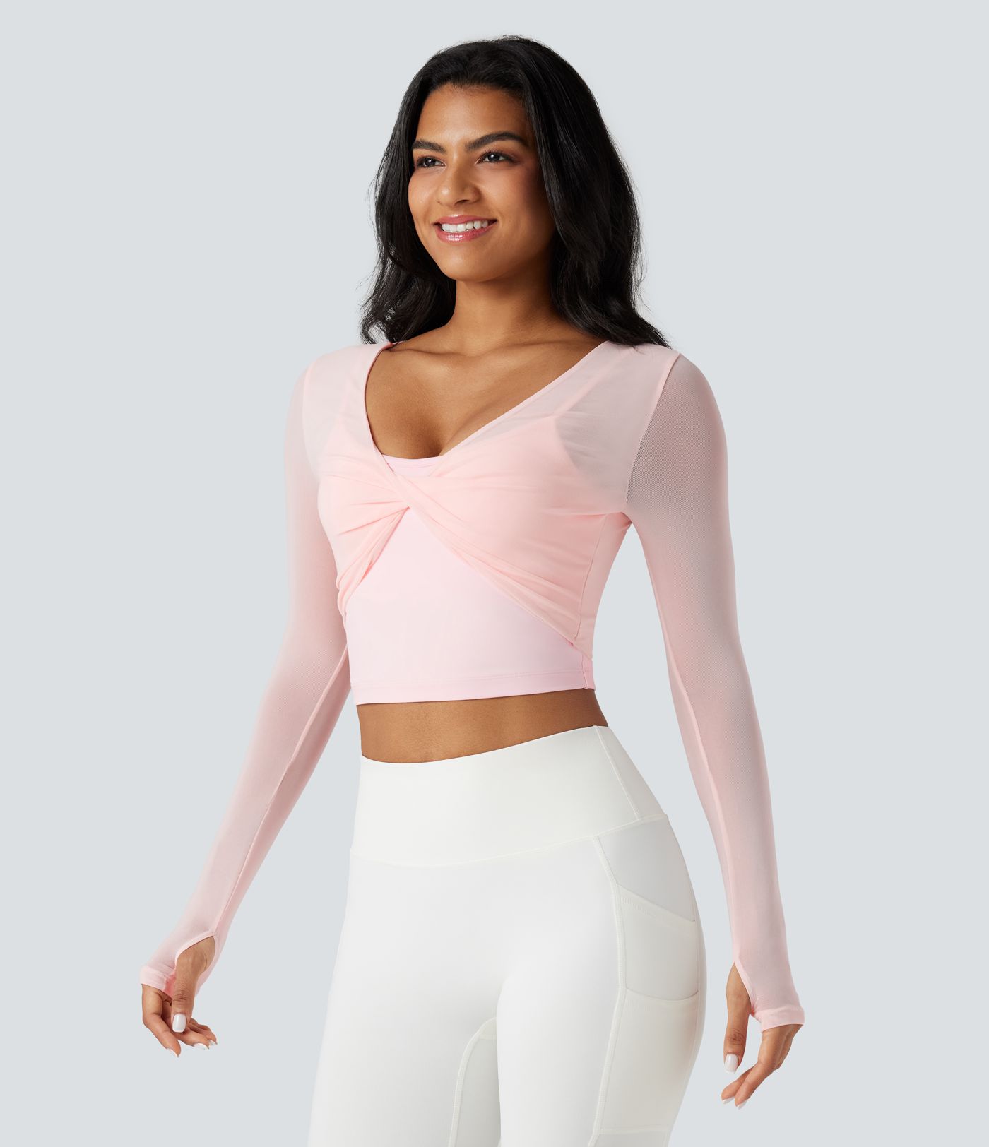 Scoop Neck Long Sleeve Thumb Holes Contrast Mesh Yoga Sports Top