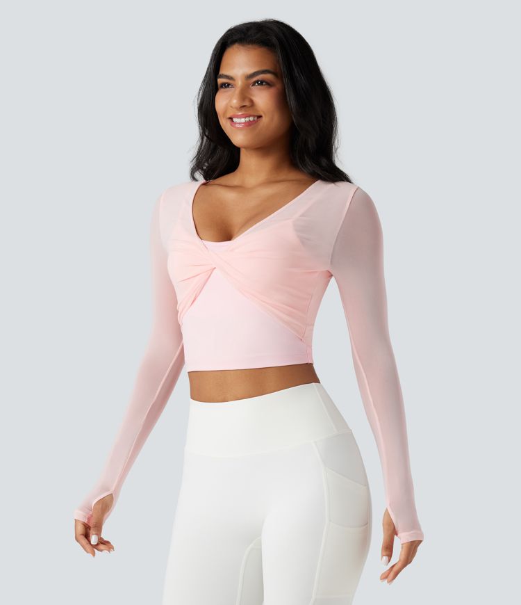 Scoop Neck Long Sleeve Thumb Holes Contrast Mesh Yoga Sports Top