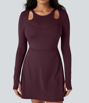 SoftlyZero™ QuickDry Crisscross Back Long Sleeve Thumb Holes 2-in-1 Mini Tennis Active Dress with Pockets-Easy Peezy