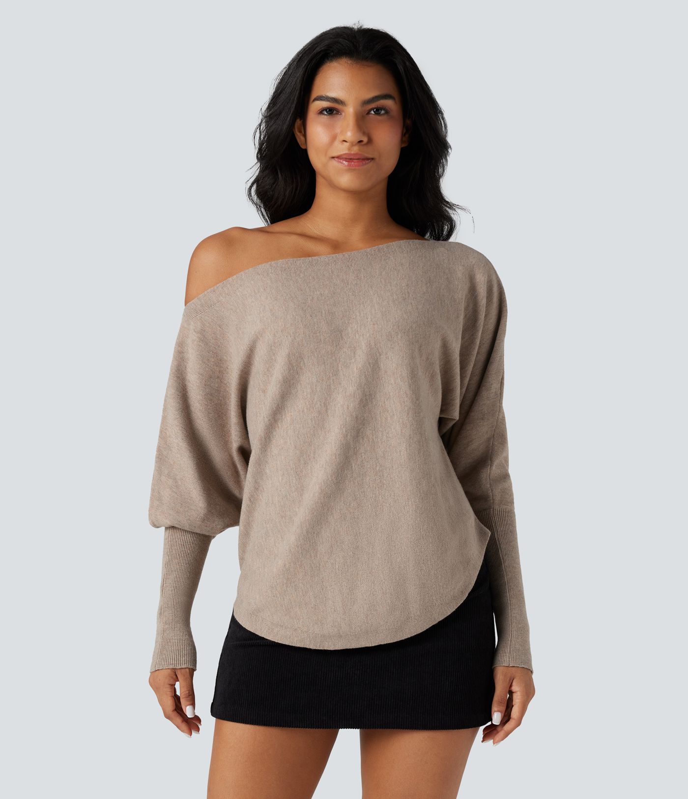 One-shoulder Batwing Sleeve Curved Hem Work Sweater