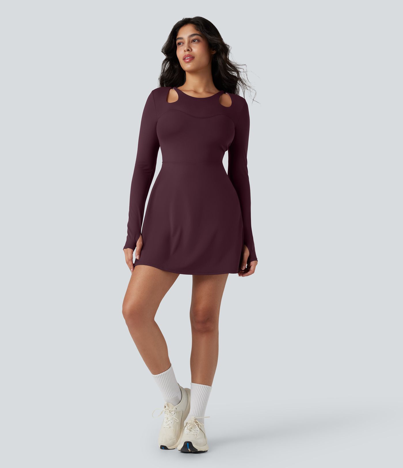 SoftlyZero™ QuickDry Crisscross Back Long Sleeve Thumb Holes 2-in-1 Mini Tennis Active Dress with Pockets-Easy Peezy