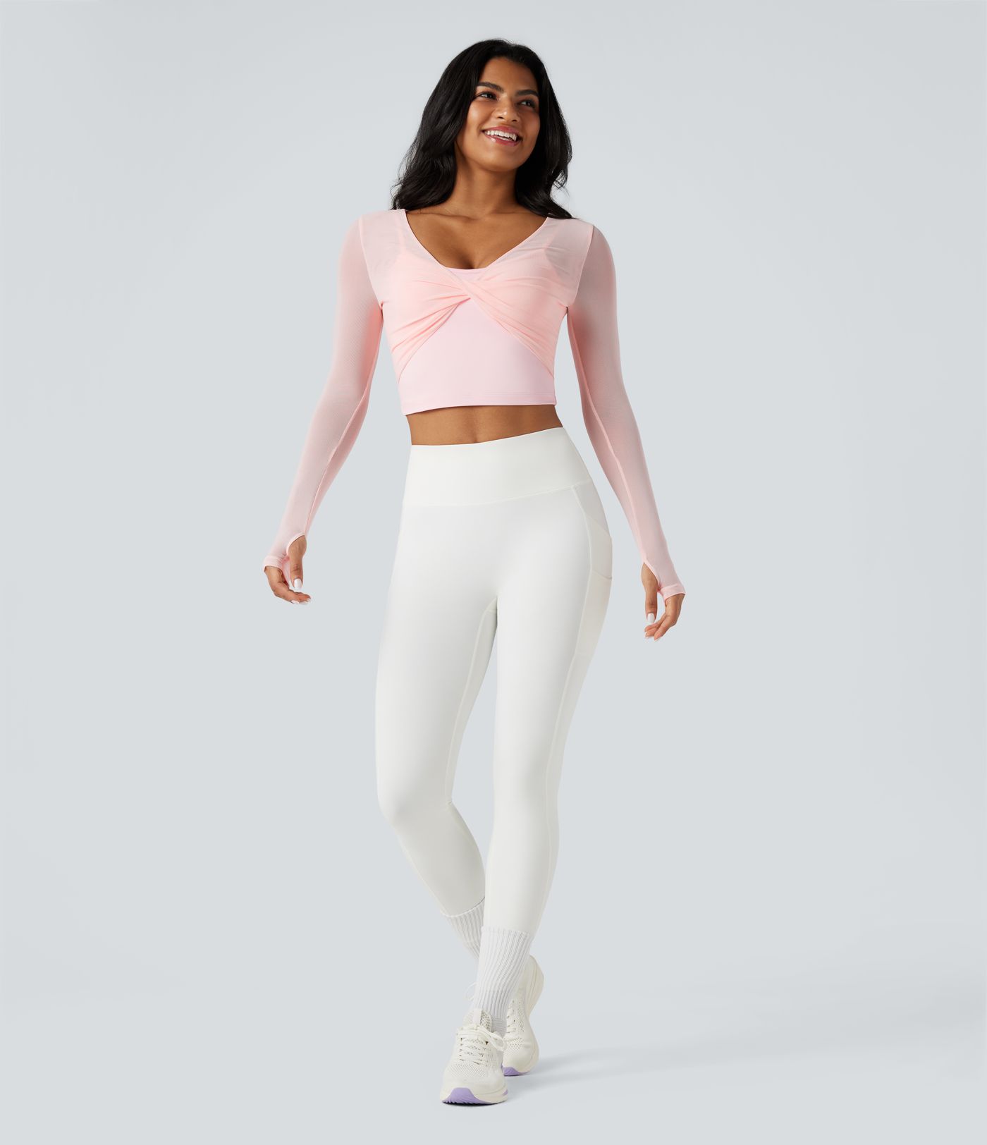 Scoop Neck Long Sleeve Thumb Holes Contrast Mesh Yoga Sports Top