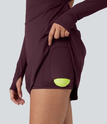 SoftlyZero™ QuickDry Crisscross Back Long Sleeve Thumb Holes 2-in-1 Mini Tennis Active Dress with Pockets-Easy Peezy