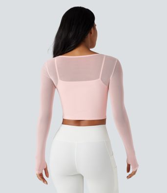 Scoop Neck Long Sleeve Thumb Holes Contrast Mesh Yoga Sports Top