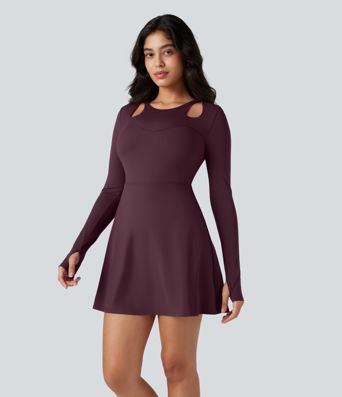 SoftlyZero™ QuickDry Crisscross Back Long Sleeve Thumb Holes 2-in-1 Mini Tennis Active Dress with Pockets-Easy Peezy