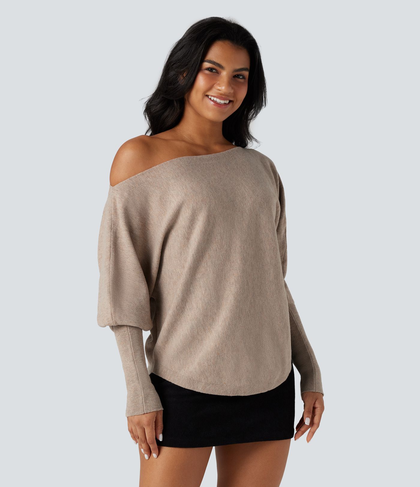One-shoulder Batwing Sleeve Curved Hem Work Sweater