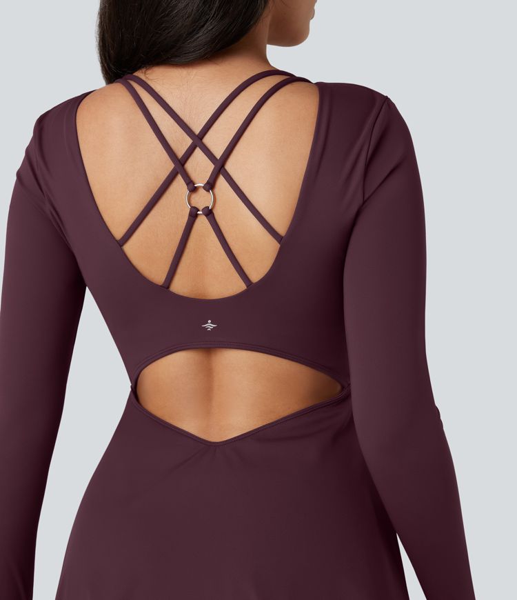 Robe de tennis active courte SoftlyZero™ QuickDry 2-en-1 dos croisé manches longues avec trous pouces et poches - Easy Peasy