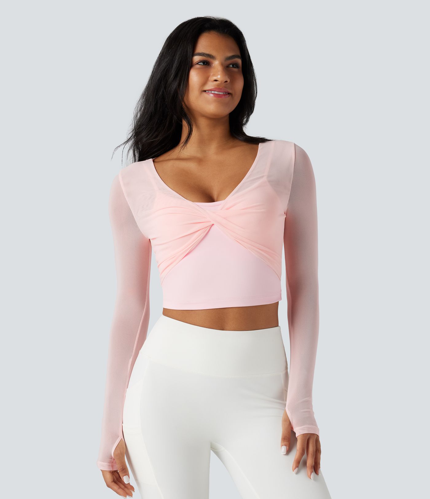 Scoop Neck Long Sleeve Thumb Holes Contrast Mesh Yoga Sports Top