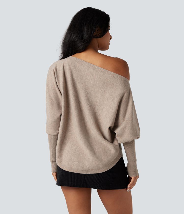 One-shoulder Batwing Sleeve Curved Hem Work Sweater