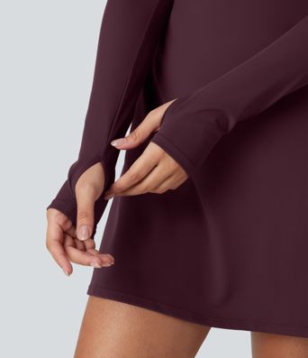 SoftlyZero™ QuickDry Crisscross Back Long Sleeve Thumb Holes 2-in-1 Mini Tennis Active Dress with Pockets-Easy Peezy