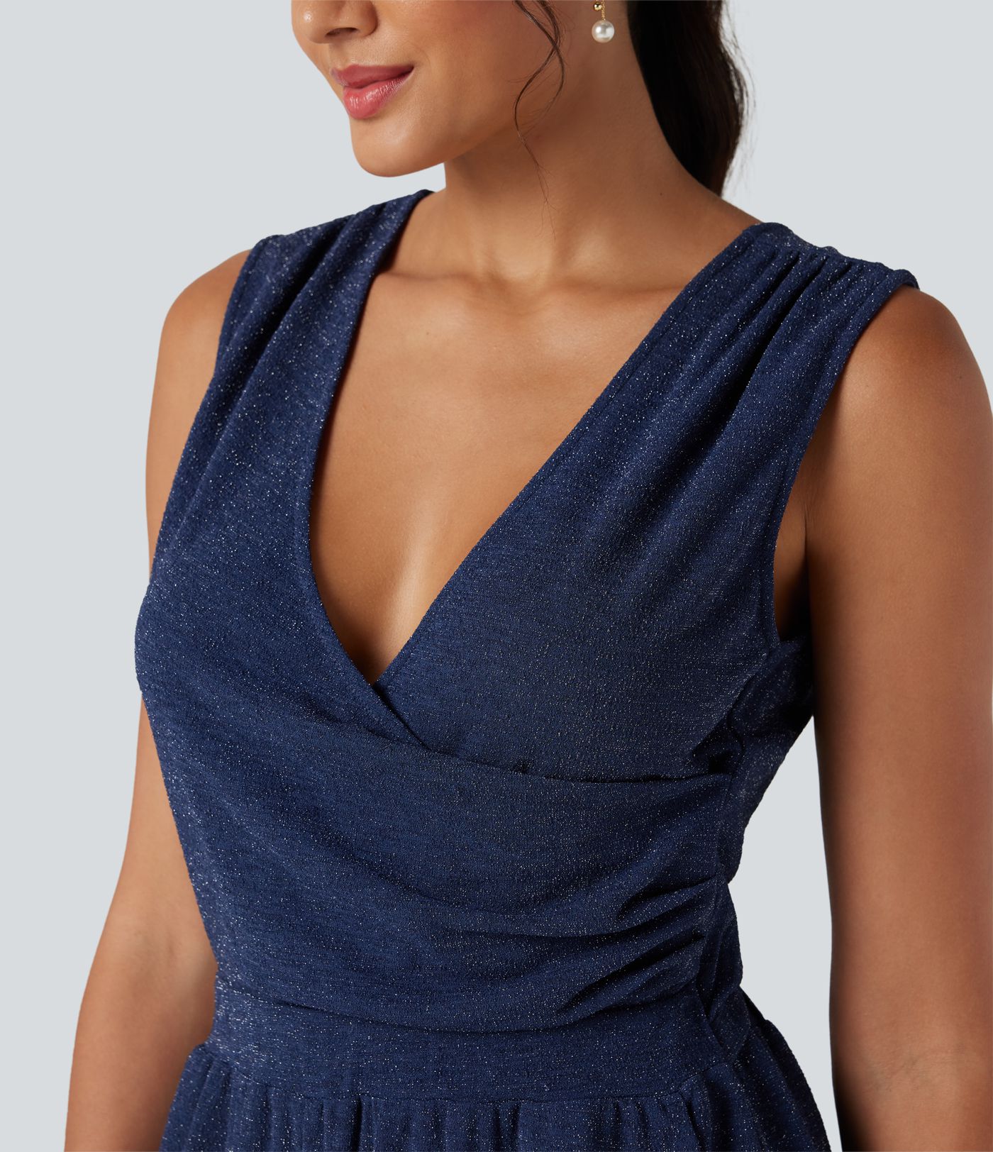 V Neck Sleeveless Tie Back Wide Leg Casual Sparkle Jumpsuit with Pockets-Easy Peezy Edition