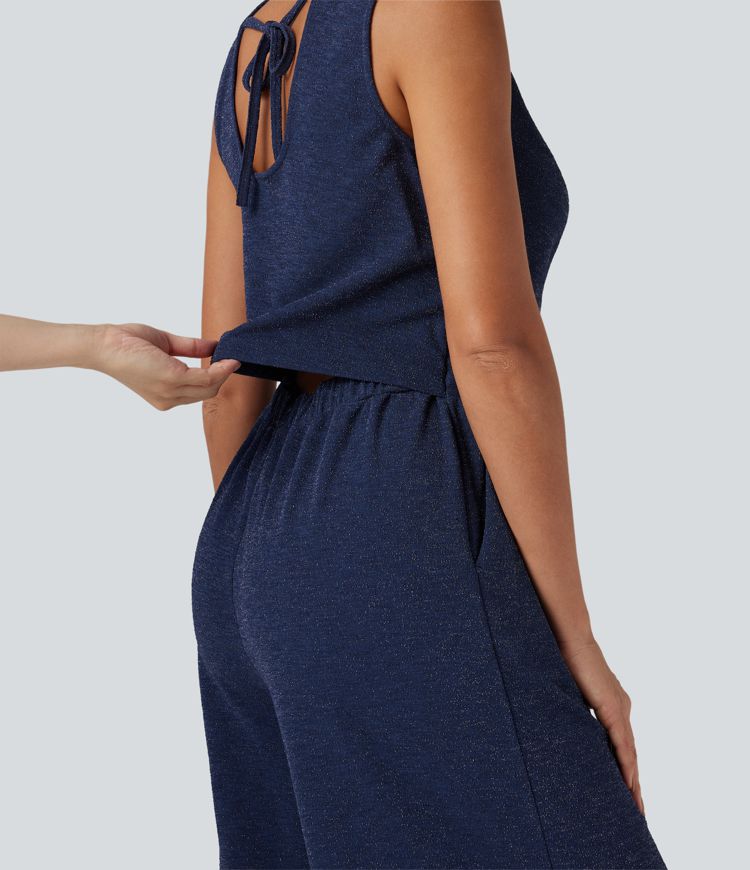 V Neck Sleeveless Tie Back Wide Leg Casual Sparkle Jumpsuit with Pockets-Easy Peezy Edition