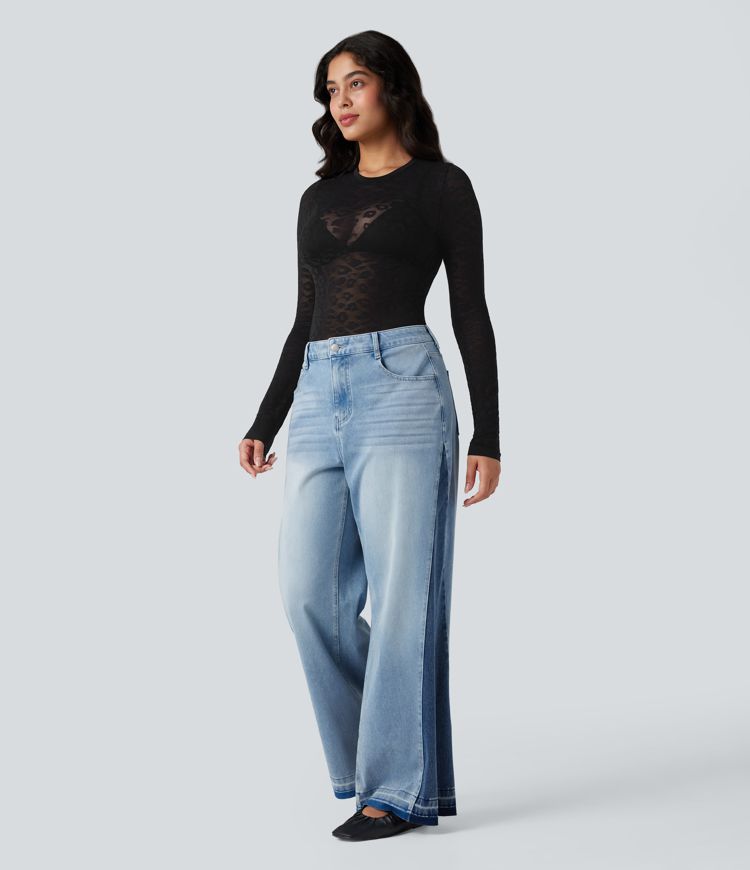 Haut de sport col rond imprimé léopard transparent à manches longues sans couture OneForm Seamless Flow