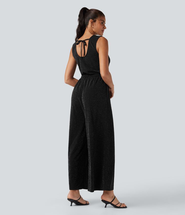 Ermeløs jumpsuit med V-hals, knyting bak, vide ben, metallisk glans og lommer - Easy Peezy Edition Ermeløs jumpsuit med V-hals, knyting bak, vide ben, metallisk glans og lommer - Easy Peezy Edition