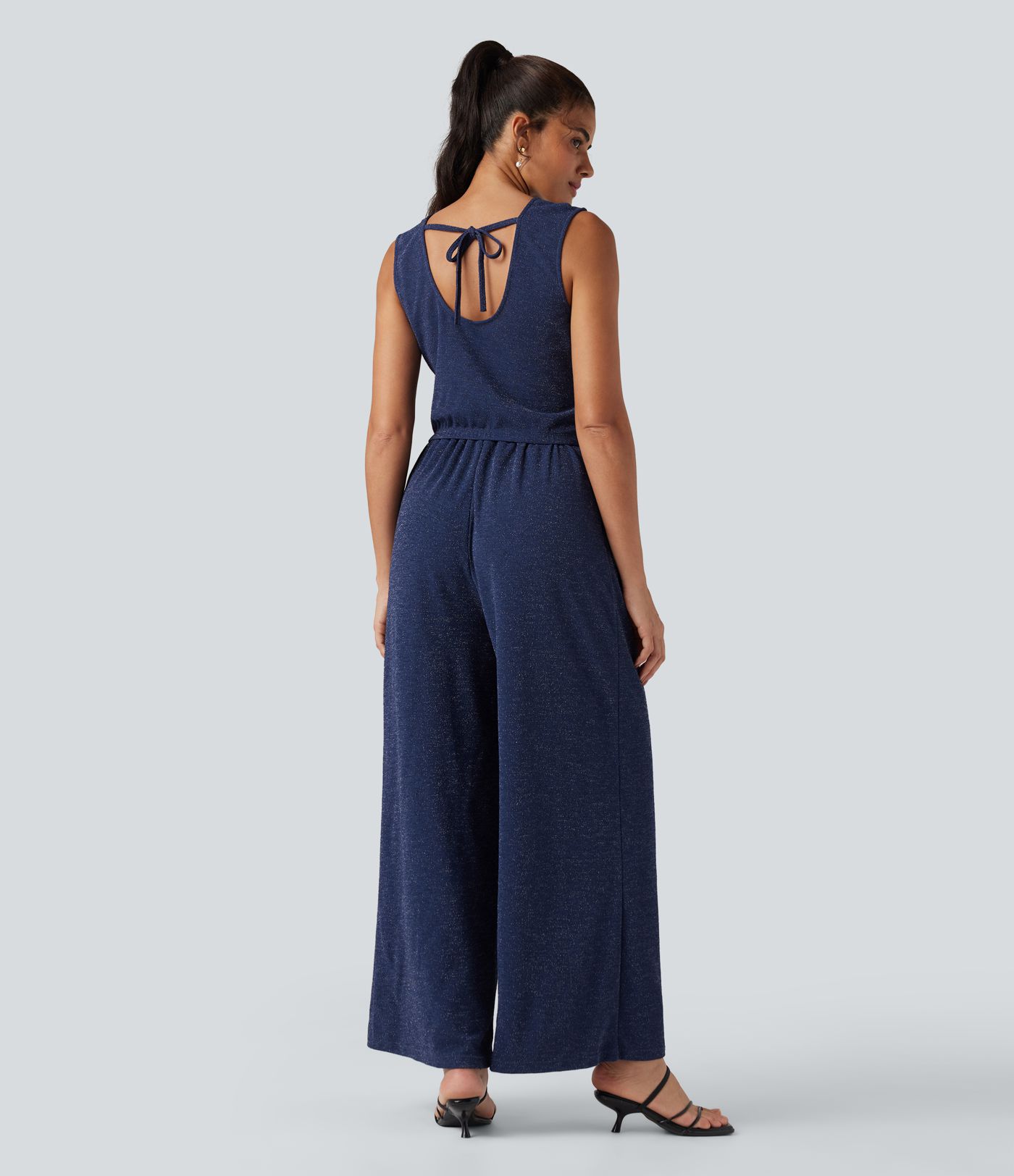 V Neck Sleeveless Tie Back Wide Leg Casual Sparkle Jumpsuit with Pockets-Easy Peezy Edition