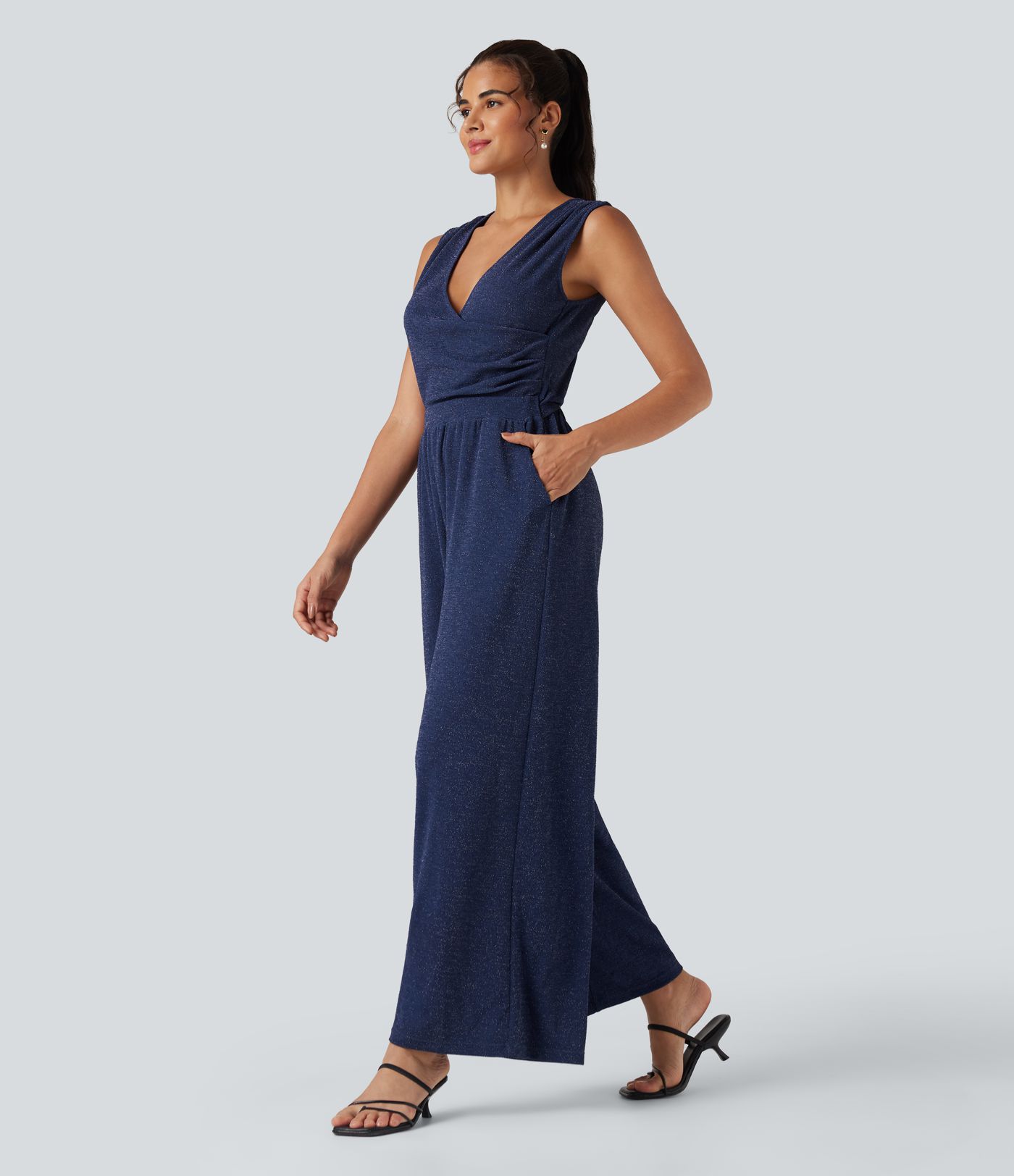 V Neck Sleeveless Tie Back Wide Leg Casual Sparkle Jumpsuit with Pockets-Easy Peezy Edition