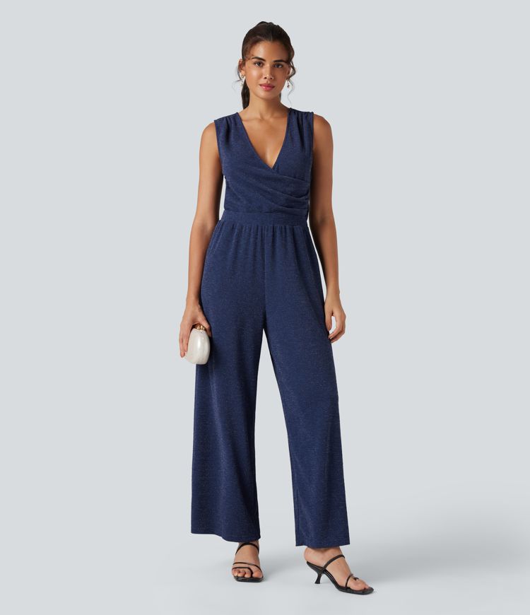 V Neck Sleeveless Tie Back Wide Leg Casual Sparkle Jumpsuit with Pockets-Easy Peezy Edition
