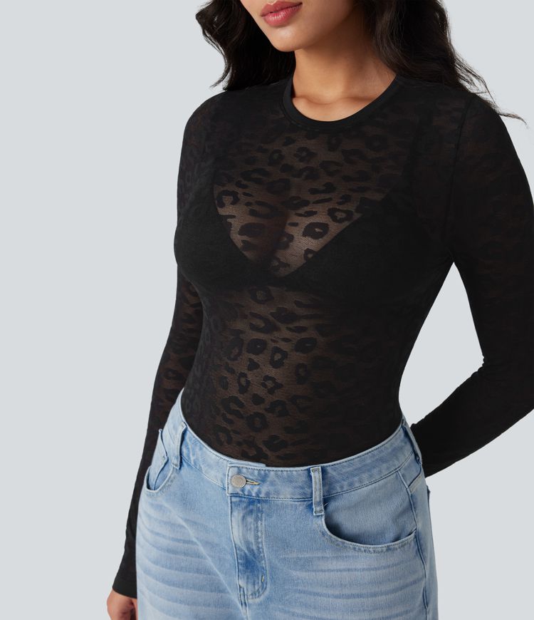 Haut de sport col rond imprimé léopard transparent à manches longues sans couture OneForm Seamless Flow