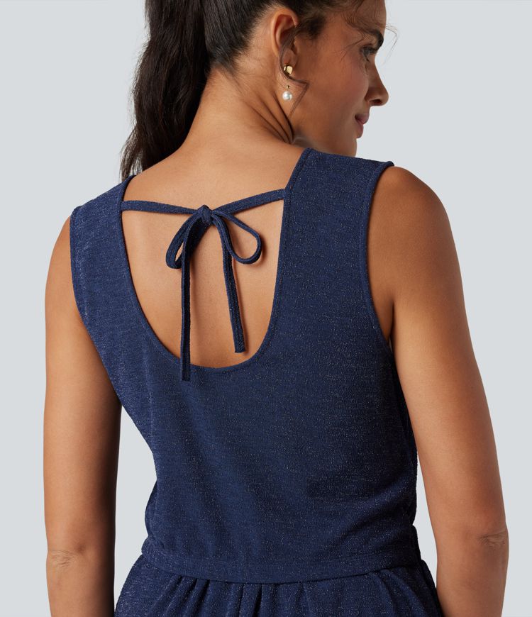 V Neck Sleeveless Tie Back Wide Leg Casual Sparkle Jumpsuit with Pockets-Easy Peezy Edition