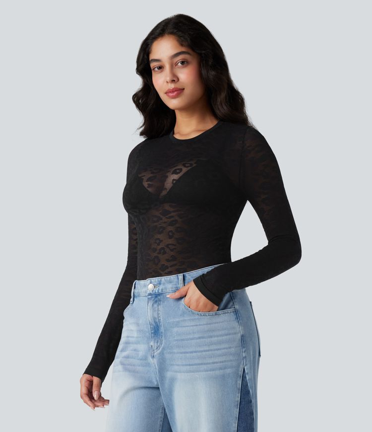 Haut de sport col rond imprimé léopard transparent à manches longues sans couture OneForm Seamless Flow