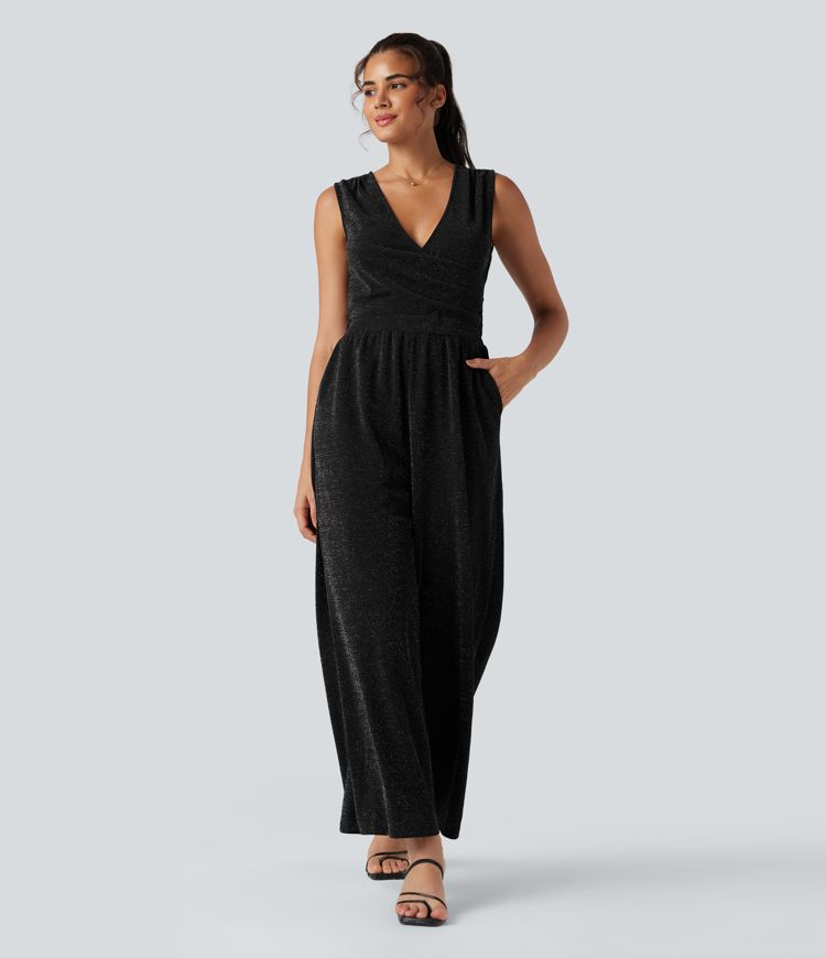 Ermeløs jumpsuit med V-hals, knyting bak, vide ben, metallisk glans og lommer - Easy Peezy Edition Ermeløs jumpsuit med V-hals, knyting bak, vide ben, metallisk glans og lommer - Easy Peezy Edition