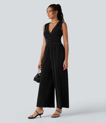 Ermeløs jumpsuit med V-hals, knyting bak, vide ben, metallisk glans og lommer - Easy Peezy Edition Ermeløs jumpsuit med V-hals, knyting bak, vide ben, metallisk glans og lommer - Easy Peezy Edition
