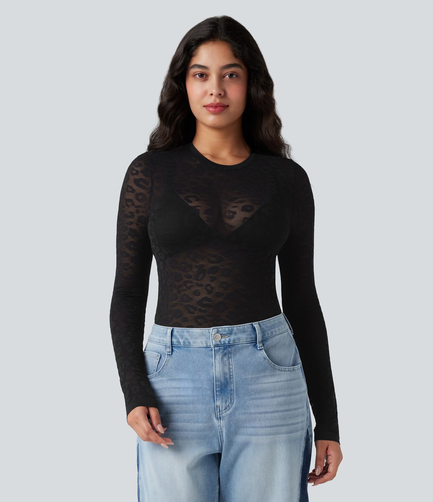 Haut de sport col rond imprimé léopard transparent à manches longues sans couture OneForm Seamless Flow