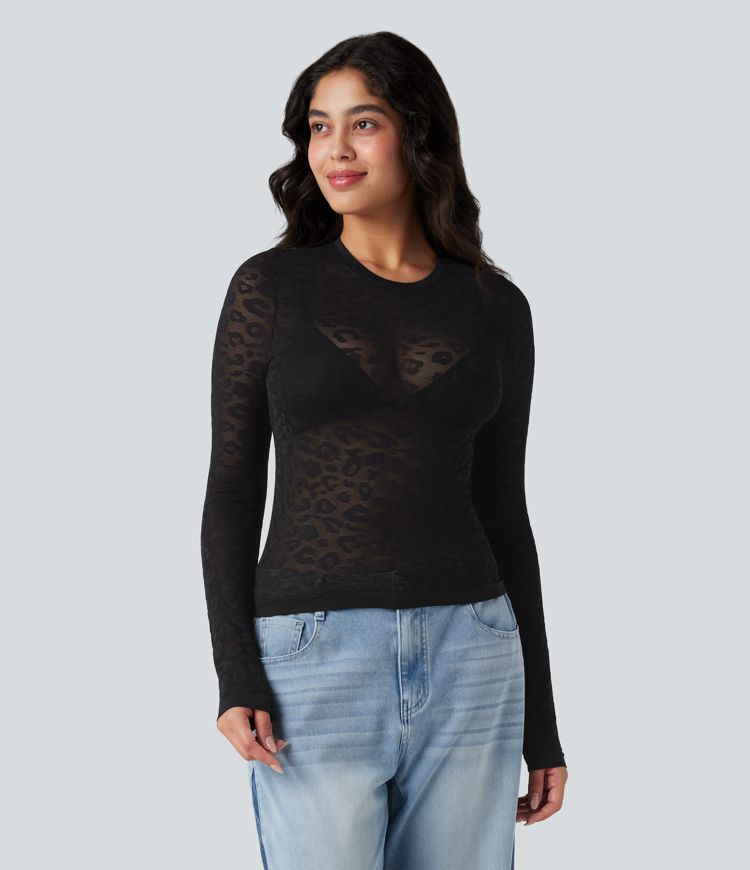 Haut de sport col rond imprimé léopard transparent à manches longues sans couture OneForm Seamless Flow