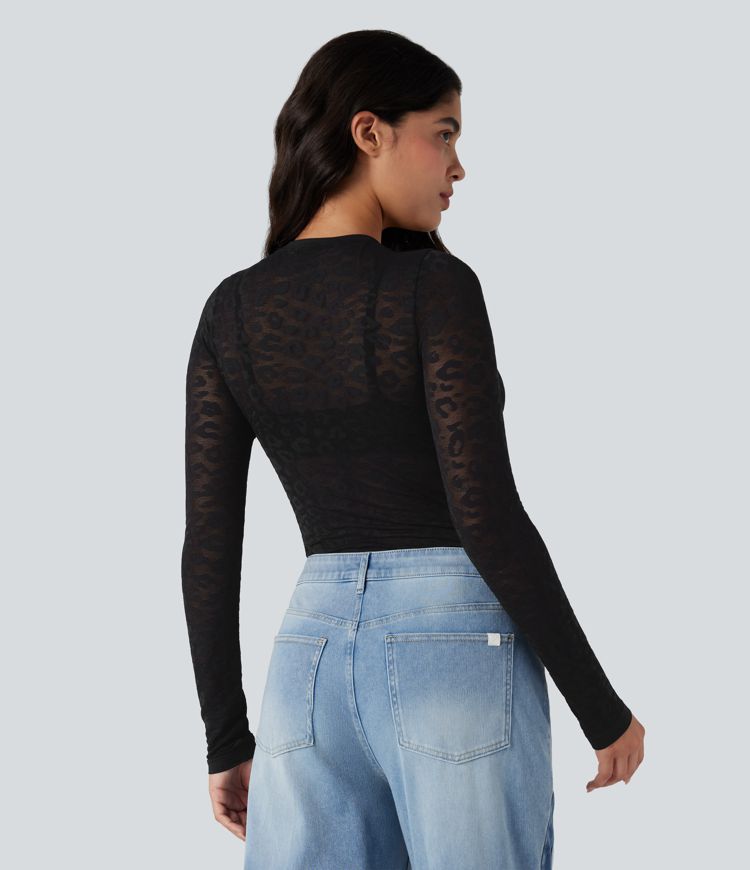 Haut de sport col rond imprimé léopard transparent à manches longues sans couture OneForm Seamless Flow