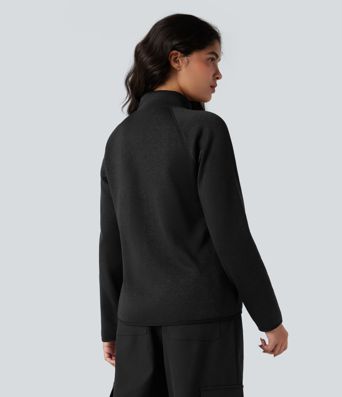 Stand Collar Long Sleeve Zip Fly Hiking Fleece Heathered Jacket with Pockets