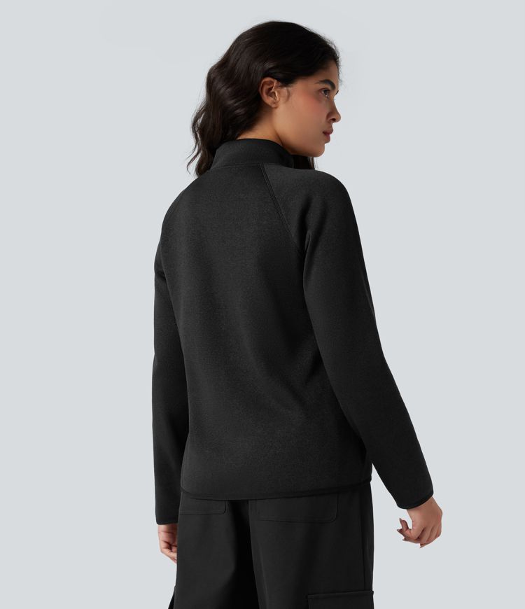 Stand Collar Long Sleeve Zip Fly Hiking Fleece Heathered Jacket with Pockets