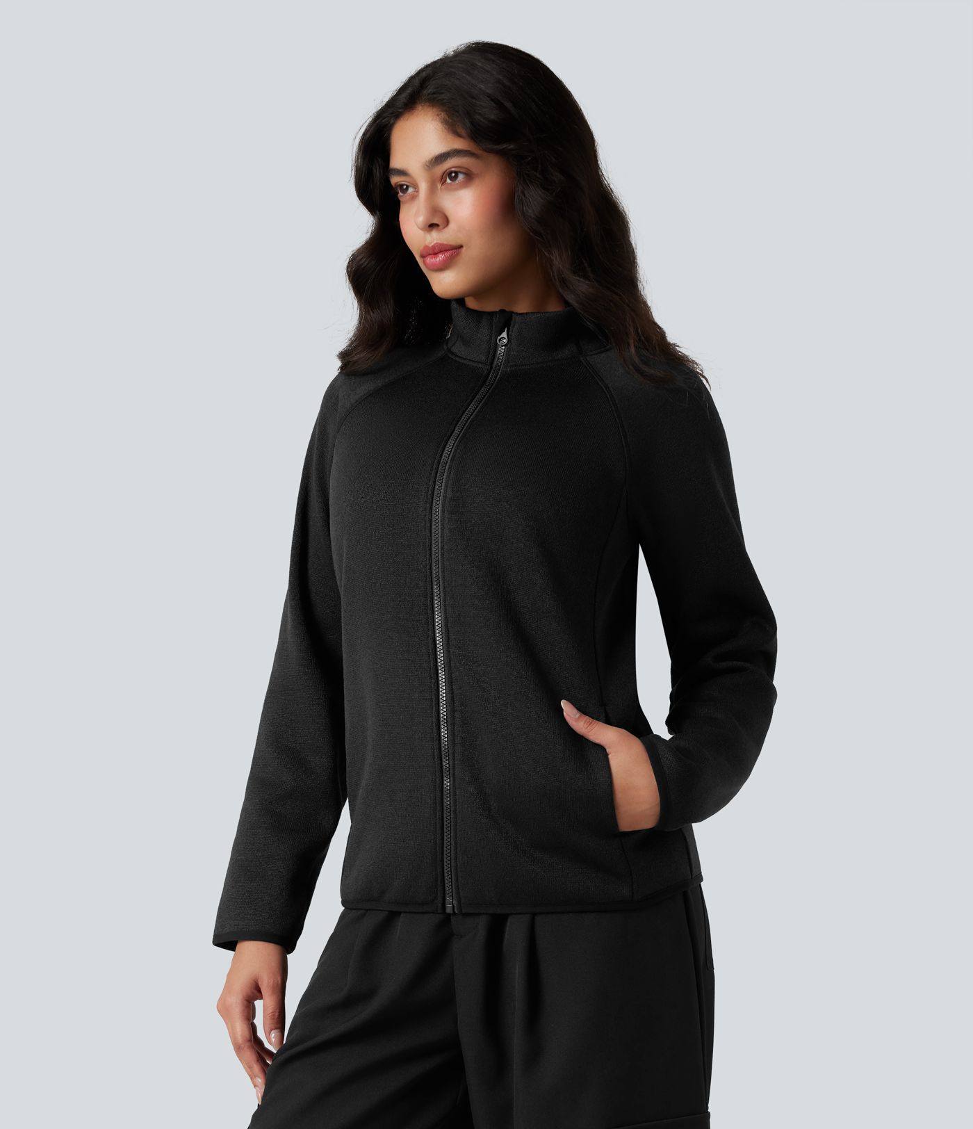 Stand Collar Long Sleeve Zip Fly Hiking Fleece Heathered Jacket with Pockets